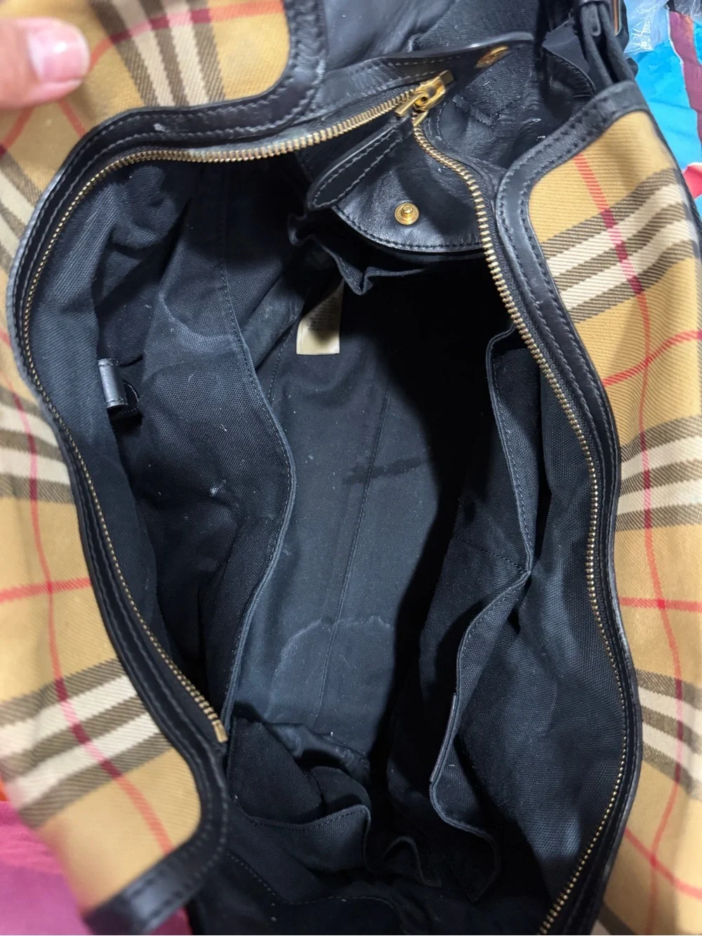 Burberry Black Leather and Beige Checked Duffel Bag